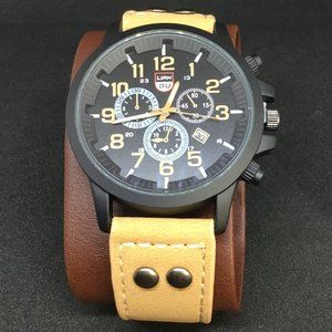 Liandu Quartz Military Style Date Watch Black Tan